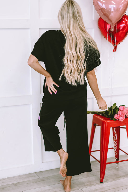 Exclusive Sequin Heart Print Textured Two Piece Graphic Set