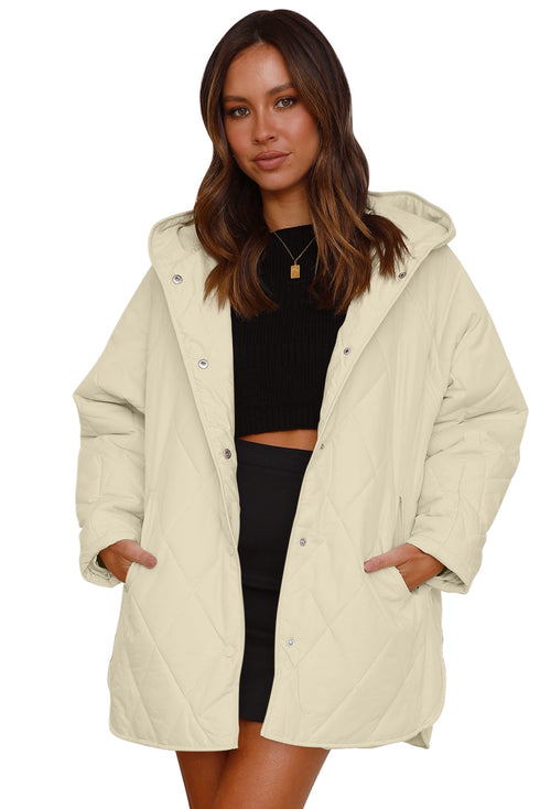 Solid Quilted Snap Button Hooded Puffer Coat