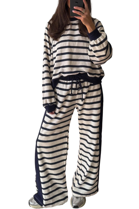 Striped Panel Detail Relaxed Long Sleeve Drawstring Pant Set