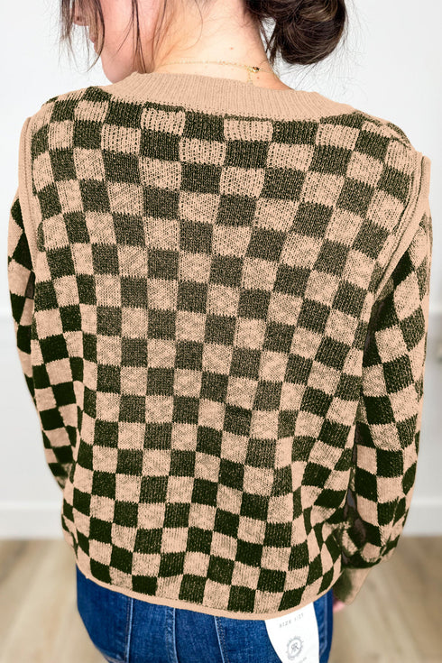 Checkered Drop Shoulder Long Sleeve Knit Sweater