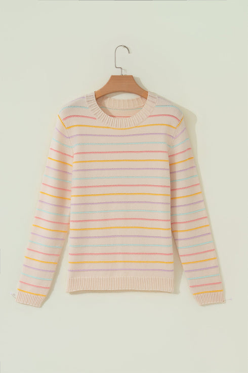 Repeated Stripe Band Crew Neck Graphic Knit Sweater
