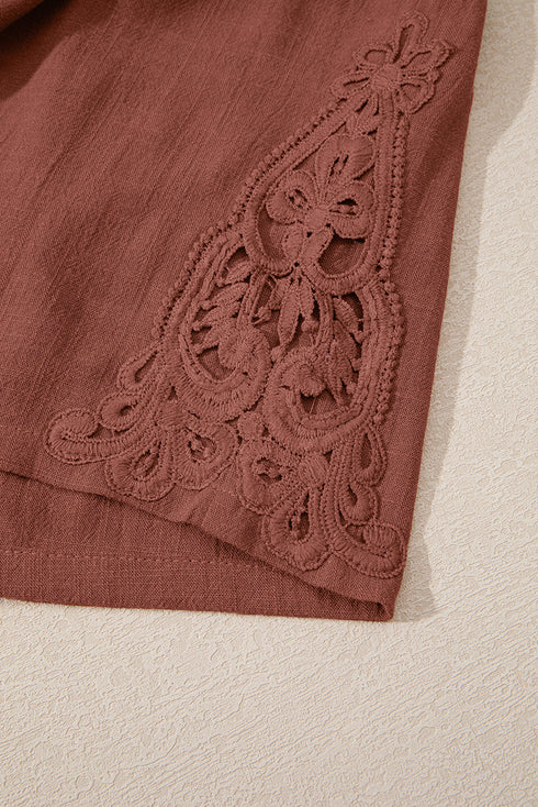 Lace Splicing Drawstring Elastic Waist Loose Linen Casual Shorts