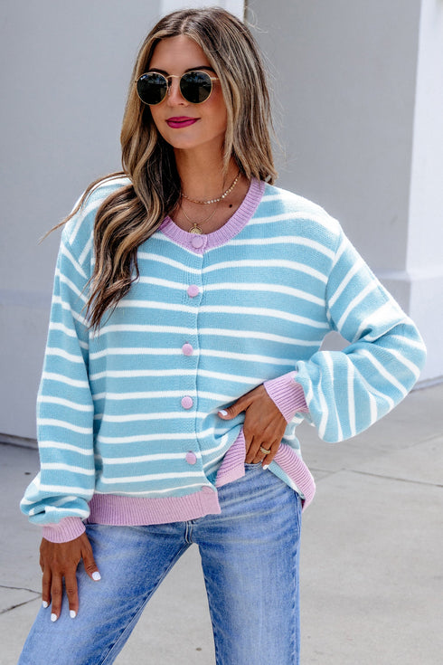 Striped Long Sleeve Round Neck Open Front Cardigan