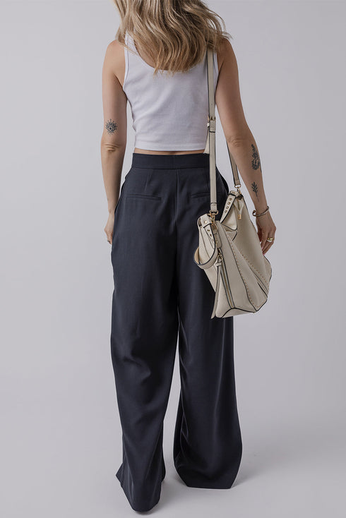 Casual Dual Buttoned High Waisted Pleated Wide Leg Pants