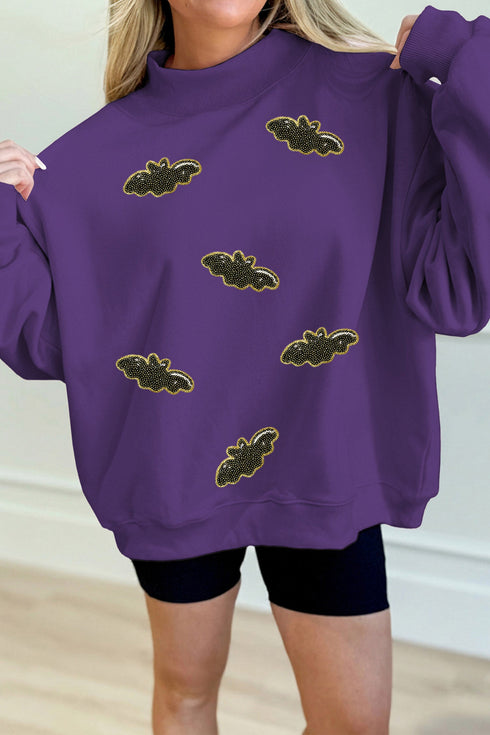 Sequin Bat Pattern Mock Neck Graphic Sweatshirt