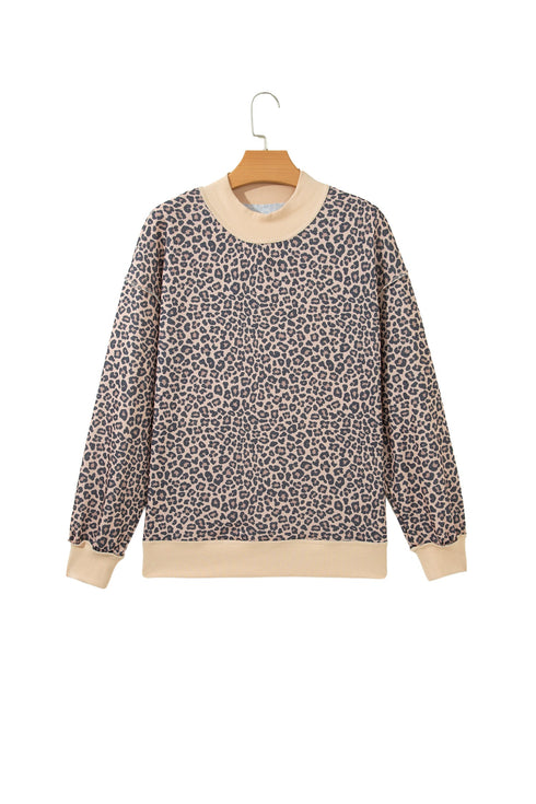 Leopard Print High Neck Long Sleeve Ribbed Cuffs Hem Sweatshirt