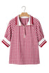 Gingham Striped Patchwork Half Zip Plaid Blouse