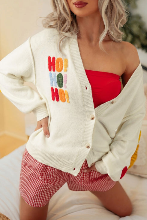 Slogan V Neck Button Front Embroidered Knit Cardigan