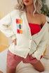 Slogan V Neck Button Front Embroidered Knit Cardigan