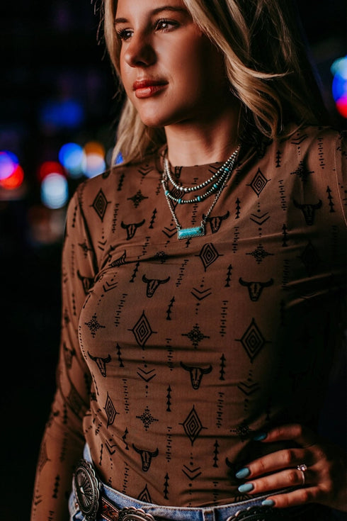 Retro Western Print Mesh Long Sleeve Sheath Top
