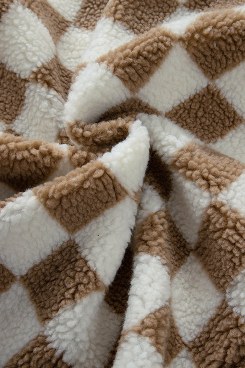 Casual Checkered Print Fleece Sherpa Collared Vest