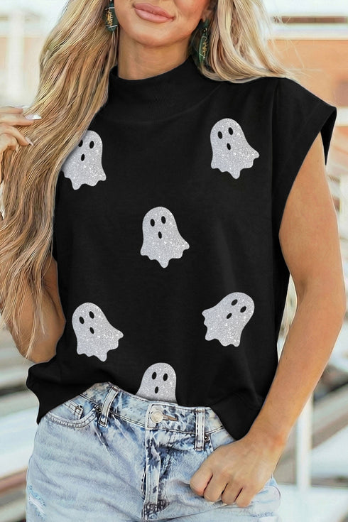 Glitter Ghost Print High Neck Graphic Tank Top