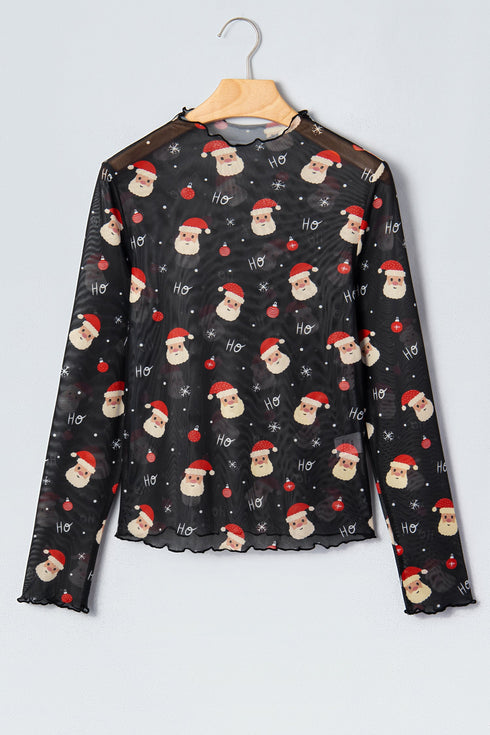 Sheer Novelty Print Stand Neck Long Sleeve Top