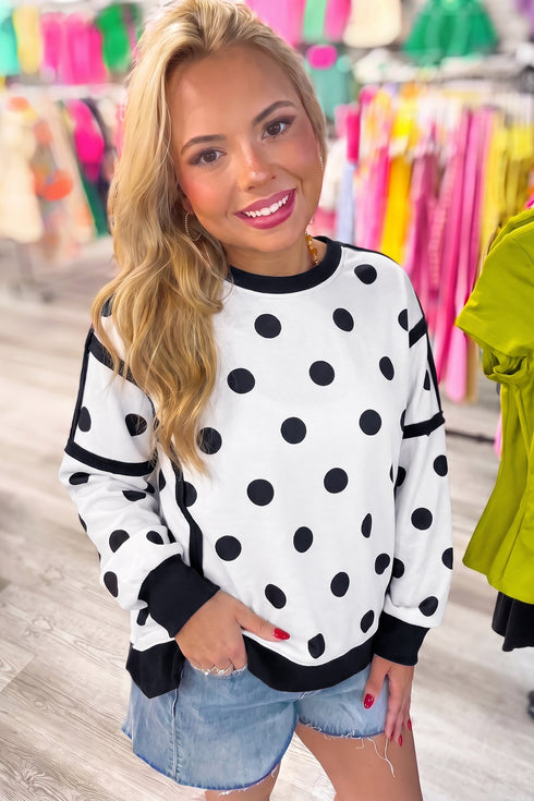 Polka Dot Patchwork Round Neck Baggy Sweatshirt