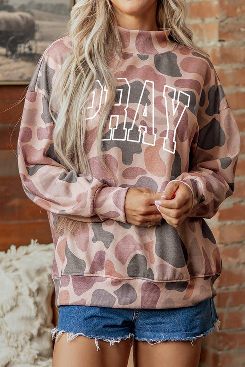 Embroidered Faith Slogan Camo Graphic Pullover Sweatshirt