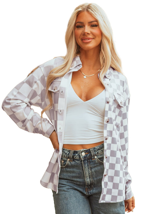 Checkered Print Flap Pocket Button Front Shacket