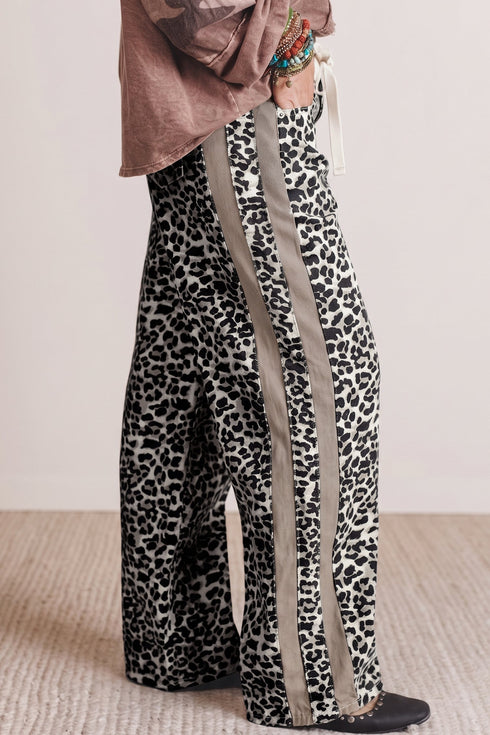 Leopard Print Drawstring Waist Straight Leg Jeans