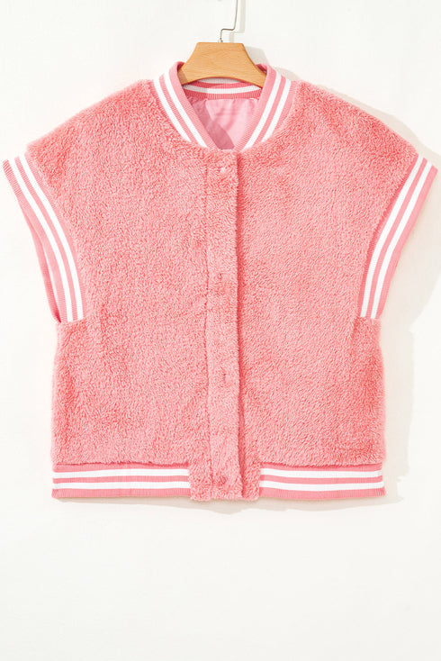 Varsity Striped Trim Patchwork Sherpa Fleece Vest