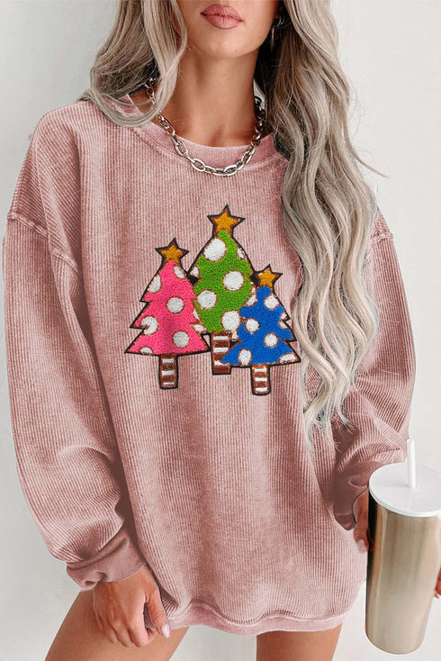 Corded Knit Tree Graphic Oversized Pullover Sweatshirt