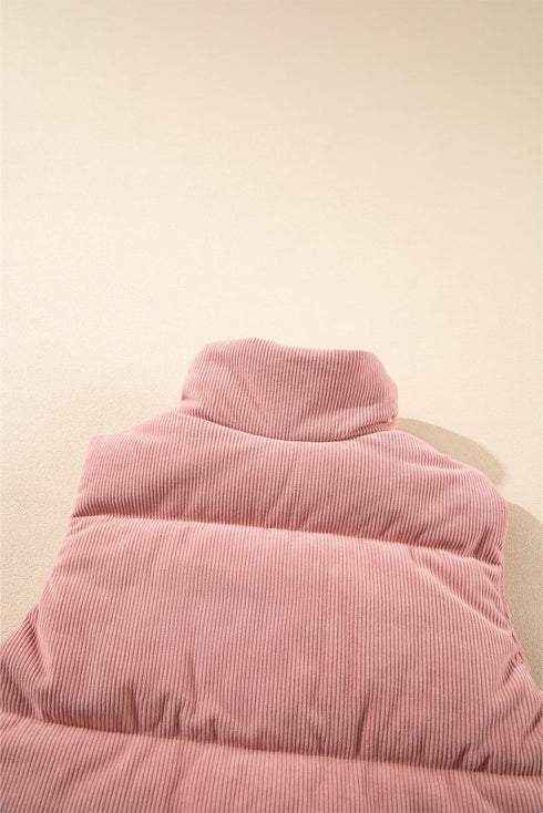 Textured Corduroy Stand Neck Zipped Puffer Vest