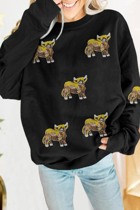 Sequined Western Print Long Sleeve Pullover Sweatshirt