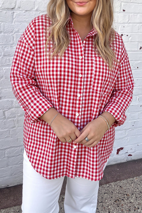 Plaid V Neck Long Sleeve Tunic Loose Fit Blouse