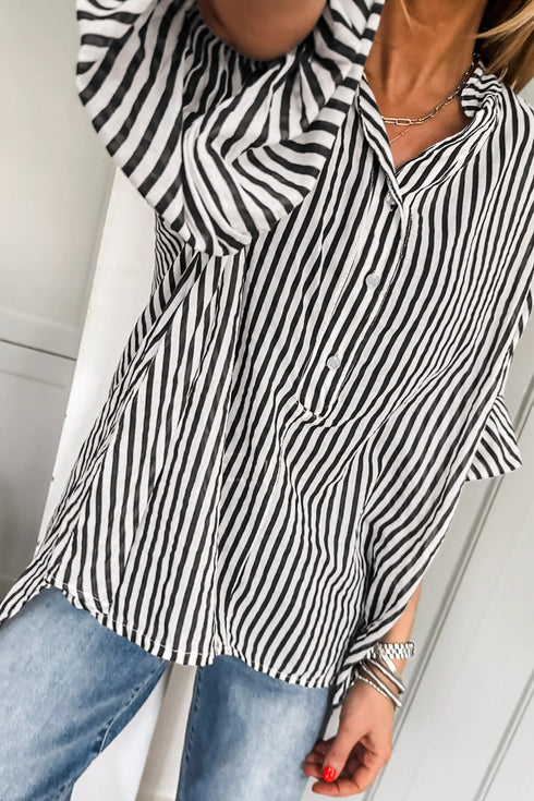 Striped Pattern Half Sleeve Button Up Blouse