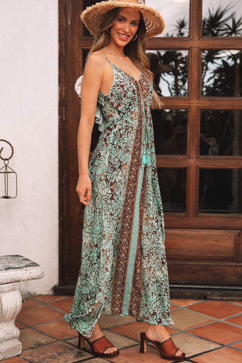 Bohemian V Neck Backless Ruffled Tassel Waist Maxi Floral Dress