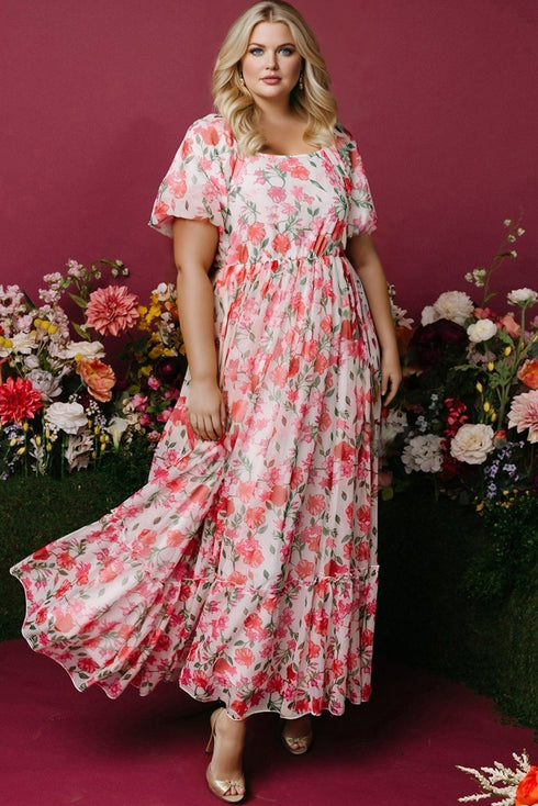Floral Square Neck Puff Sleeve Ruffle Maxi Dress