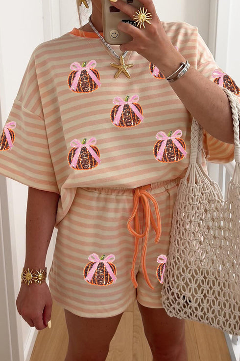 Striped Sequined Pumpkin Relaxed Tee Drawstring Shorts Two Piece Set