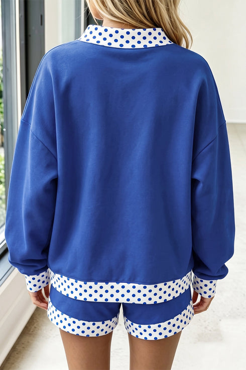 Polka Dot Trim Baggy Pullover Two Piece Short Set