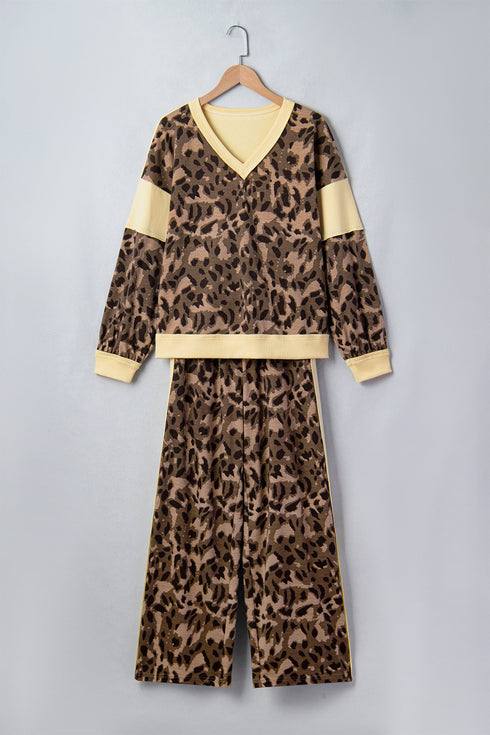 Leopard Print Long Sleeve V Neck Wide Leg Pant Set