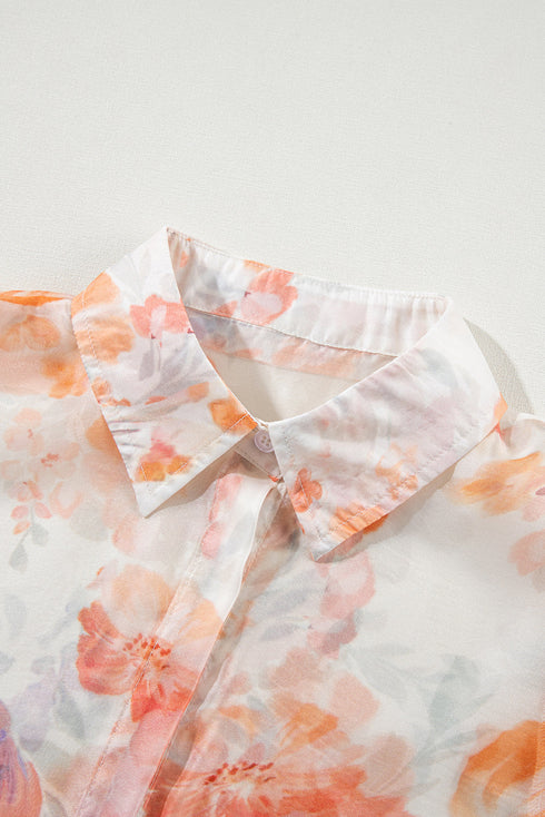 Abstract Floral Balloon Sleeve Button Down Blouse