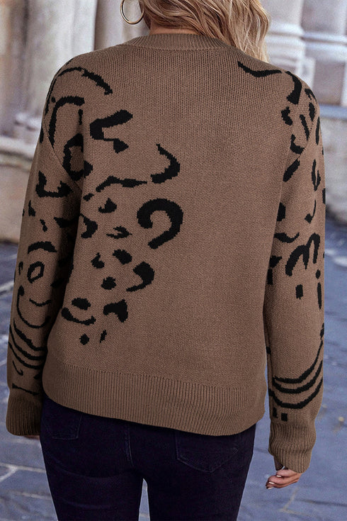 Abstract Animal Pattern Crew Neck Knit Sweater