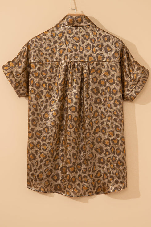 Metallic Leopard Print Dolman Sleeve Button Down Shirt
