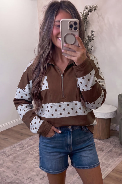 Stripe Patchwork Polka Dot Quarter Zip Long Sleeve Top