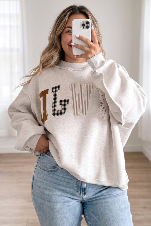 Wwjd Mix Pattern Letter Graphic Exposed Seam Loose Sweatshirt