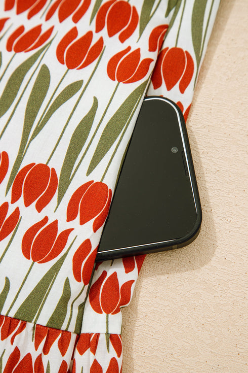 Rick Rack Tulip Print Puff Sleeve Cotton Floral Dress