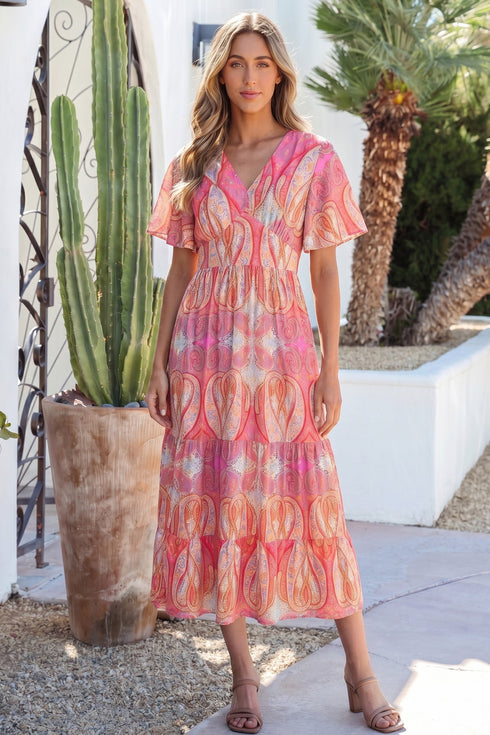 Paisley Print V Neck Short Sleeve Ruffle Bohemian Dress