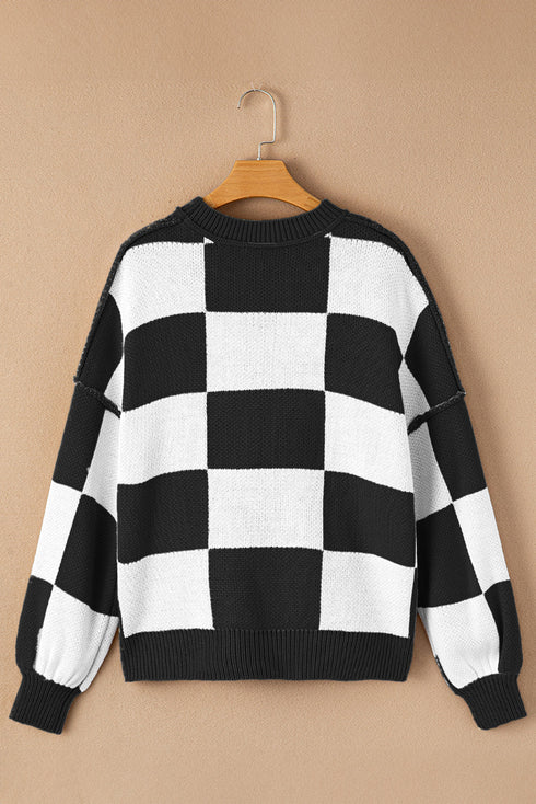 Acrylic Seamed Checkered Pattern Bishop Sleeve Sweater