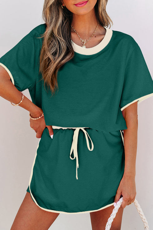 Contrast Trim Drop Shoulder Two Piece Skort Set