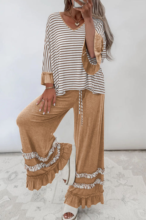 Striped Ruffle Sleeve V Neck Drawstring Pant Set