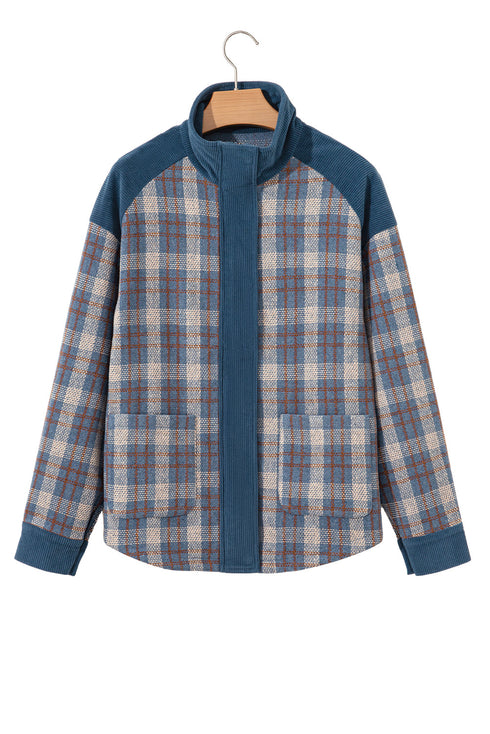 Western Patchwork Corduroy Collared Zip Up Plaid Shacket
