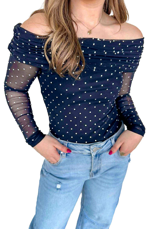 Playful Polka Dot Sheer Mesh Off Shoulder Sheath Top