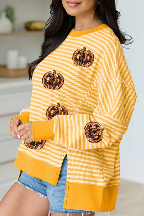 Sequin Pumpkin Face Stripe Split Side Long Sleeve Tee