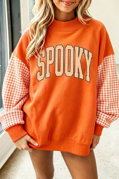 Plaid Sleeve Spooky Letter Graphic Pullover Sweatshirt