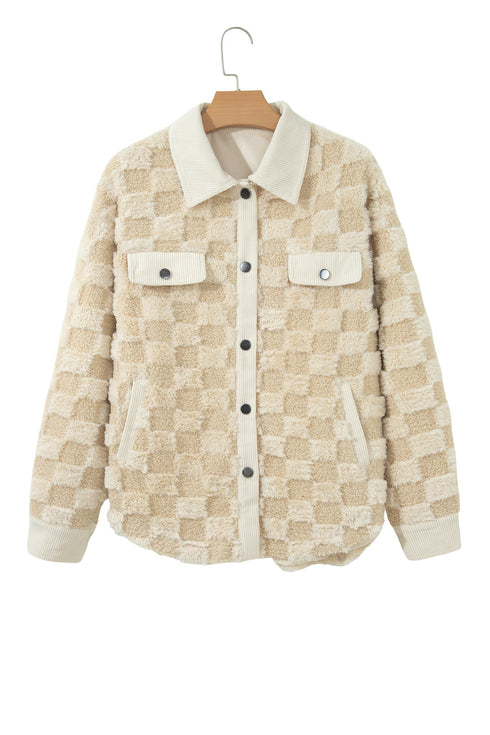 Checkered Corduroy Trim Metal Button Sherpa Jacket