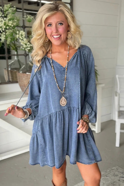 Western Puff Sleeve V Neck Ruffled Denim Mini Dress