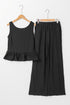 Textured Ribbed Ruffle Tank Top Wide Leg Pant Set