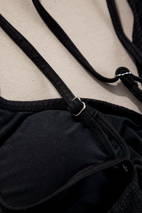 Ribbed Double Strap Tropical High Waist Bikini Set